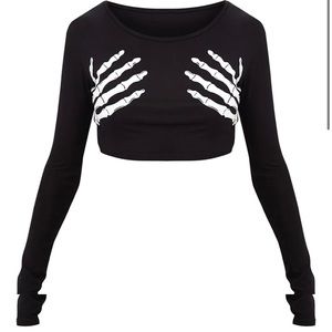 Black Glow In Dark Skeleton Hand Crop Top Size 12